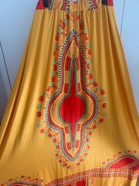 Vibrant Mustard Yellow Maxi Skirt with Red & Green Dashiki-Inspired Print